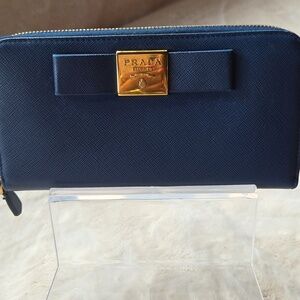 Prada Dark Blue Wallet with Gold Logo